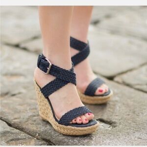 Stuart Weitzman Alex Braided Espadrille Wedge Sandals Navy